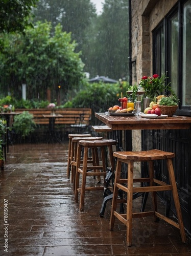 Downpour of rain drenches wooden patio of cafe  creating serene atmosphere. Three stools  empty  inviting  sit beside table adorned with colorful array of fresh fruits  vibrant bouquet of flowers.