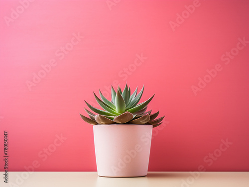A potted succulent sits against a pink wall backdrop