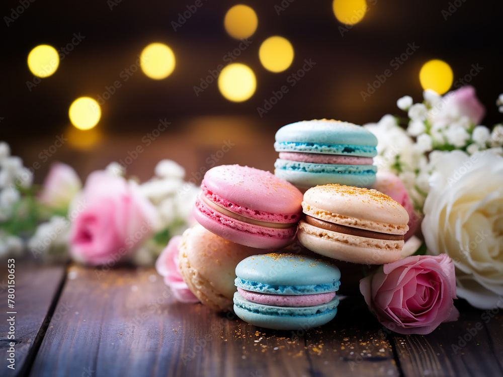 Colorful bokeh lights illuminate sweet macarons, flowers, and lollipop Colorful bokeh lights illuminate sweet macarons, flowers, and lollipop
