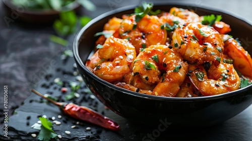 Schezwan Prawns are presented in a black bowl against a dark slate background, highlighting an Indo-Chinese cuisine curry dish flavored with Schezwan sauce photo