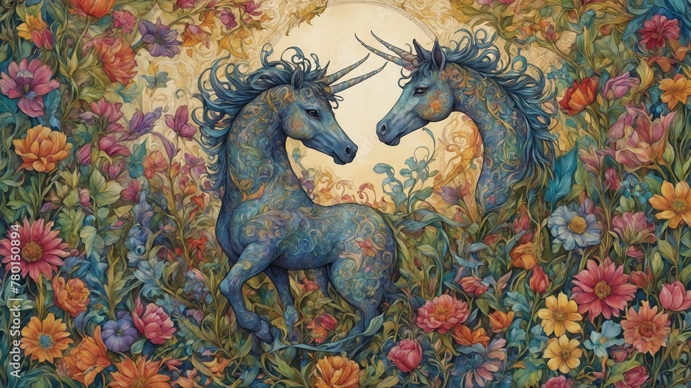 Two majestic unicorns, adorned with intricate patterns on their bodies, captured in moment of serene connection amidst lush garden of blooming flowers. Intertwining vines.