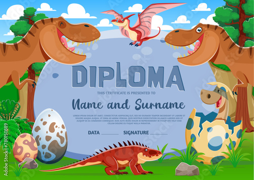 Kids diploma with funny tyrannosaur rex and baby dinosaur characters. Vector recognition certificate template for kiddos awesome achievements. Prehistoric praise for children triumph or graduation photo