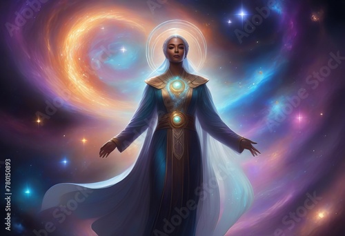 A digital painting of a majestic being floating in space surrounded by swirling galaxies and stars. The being has iridescent skin and is wearing flowing robes.