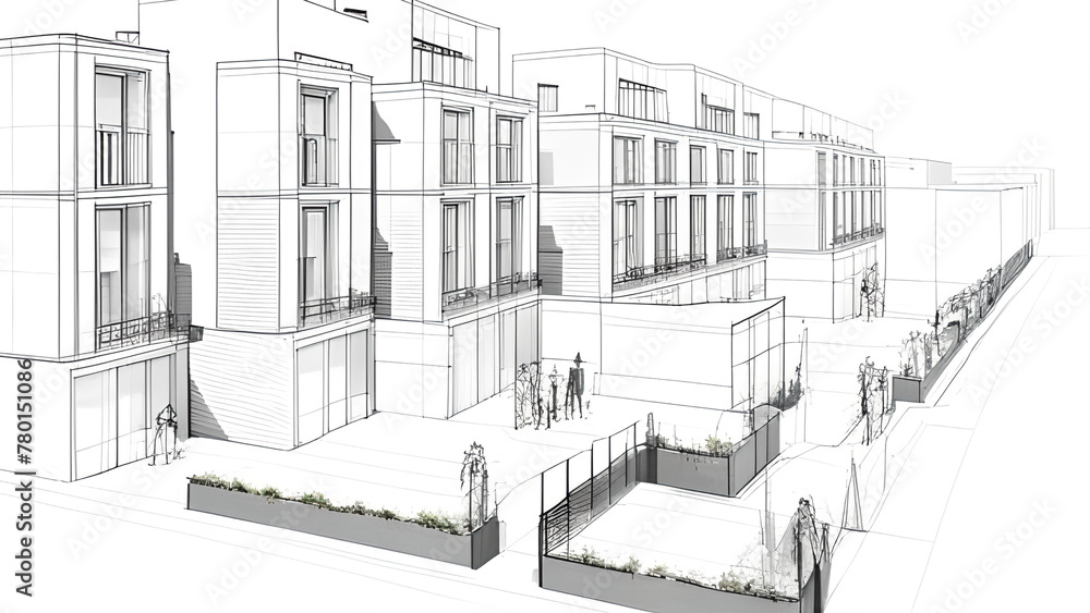 Pen sketch of project for modern minimalistic multi purpose buildings. Generative Ai