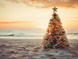 Beachside Christmas scene featuring a wooden tree