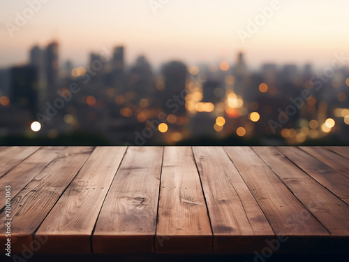 Blurry cityscape backdrop enhances wooden table's appeal photo