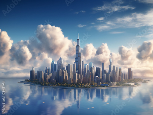3D illustration depicts a city floating among clouds