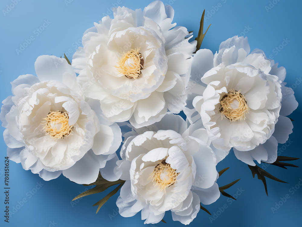 A captivating sight white peonies grace a blue canvas from above