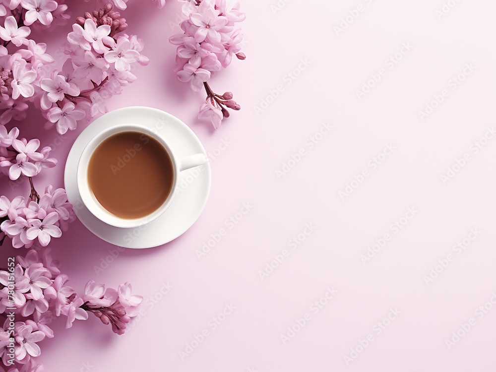 Lilac branches and coffee cup create a serene spring flat lay on pink Lilac branches and coffee cup create a serene spring flat lay on pink