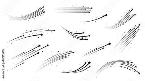 Christmas starburst, shooting space stars with trails, meteors and asteroids in sky. Cosmic falling comets with traces, monochrome vector symbols set. Streaks of light, magic and energy silhouettes