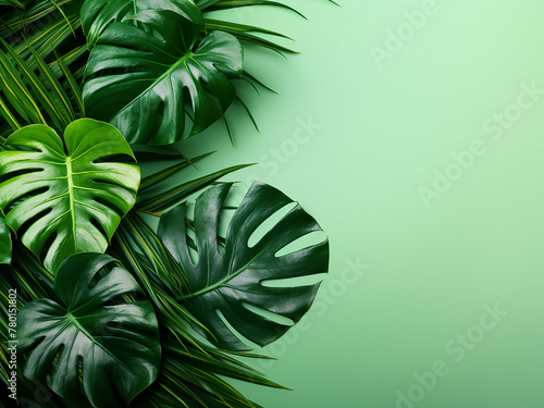 Tropical jungle vibes monstera leaves on a pastel pink backdrop, ideal for copy