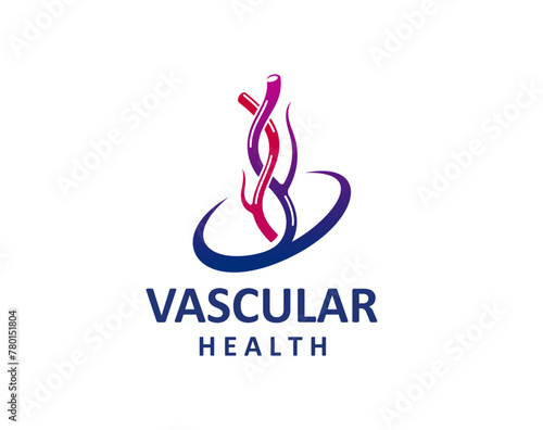 Vein vascular health icon. Isolated vector emblem of blood circulation and cardiovascular wellness. Artery symbol for clinic, features intertwined capillary vessels in red, purple and blue colors