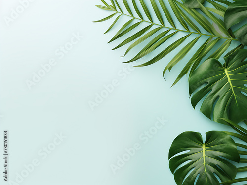 Top view flat lay of tropical leaves and monstera on a light pastel backdrop