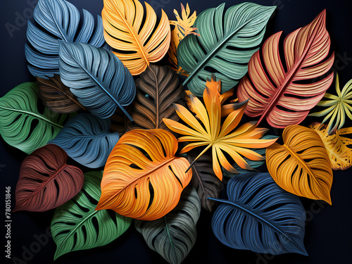 Muted colors characterize paper-cut tropical leaves
