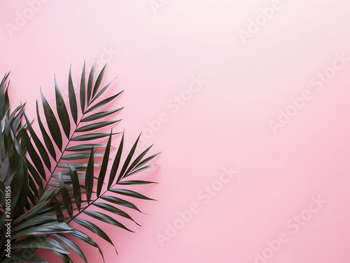 Pastel pink backdrop features tropical leaves in a minimalist style