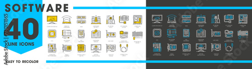 Software and hardware line icons of computer PC and laptop components, vector symbols. Digital software or computer hardware icon of CPU processor and HDD drive disk, SSD memory storage or motherboard