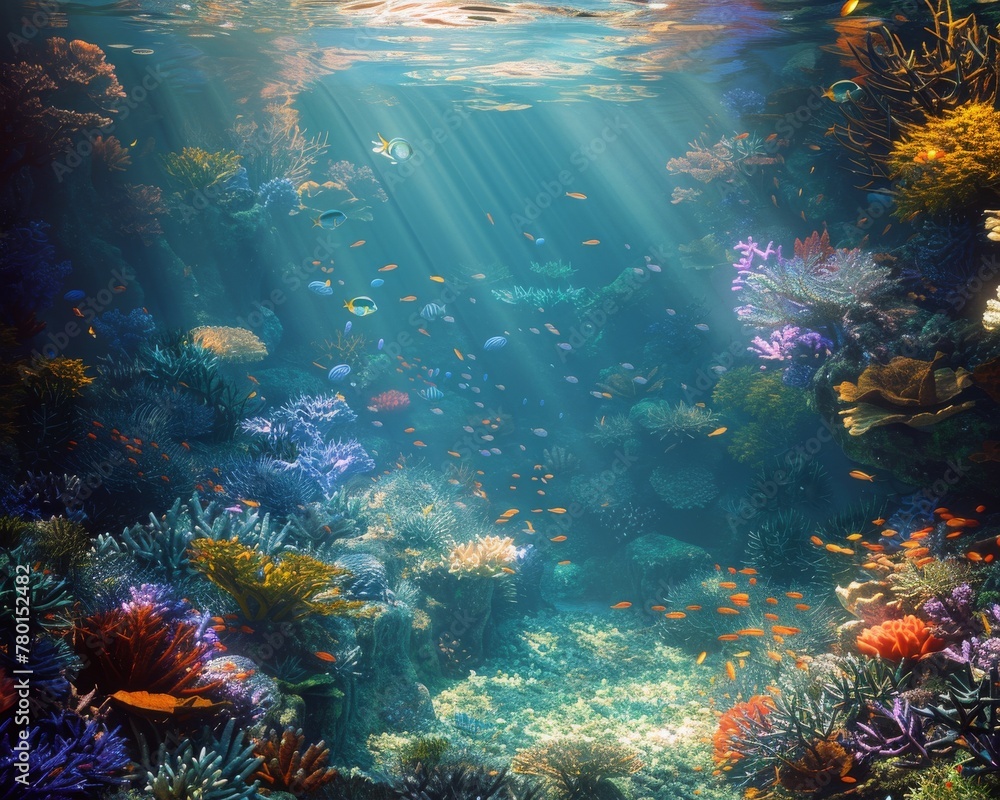 Discover the enchanting depths of the ocean with vibrant coral reefs bustling with marine life, illuminated by gentle sunlight filtering through.