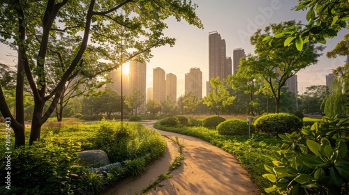 A serene urban renewal park bathed in the gentle light of dawn, enveloped by lush greenery and framed by the majestic silhouette of the city skyline. photo
