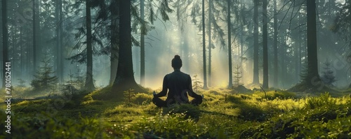 Embark on an inward journey with a meditation session set in a serene forest clearing, embraced by dawn's mist. photo