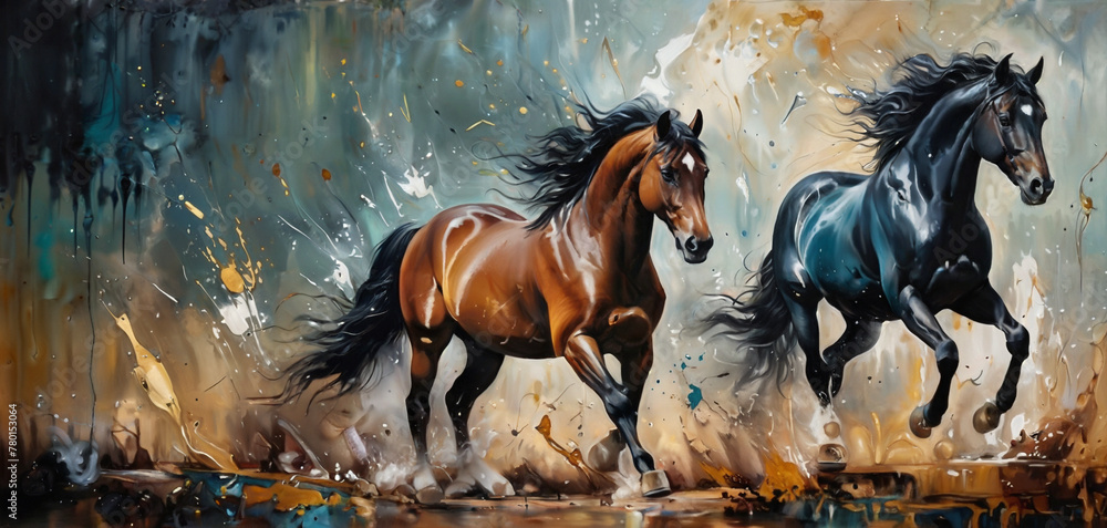 Horses in the field painting - obrazy, fototapety, plakaty 