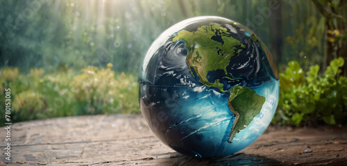 Glass orb earth in the grass. Earth day and ecosustainability topics. photo