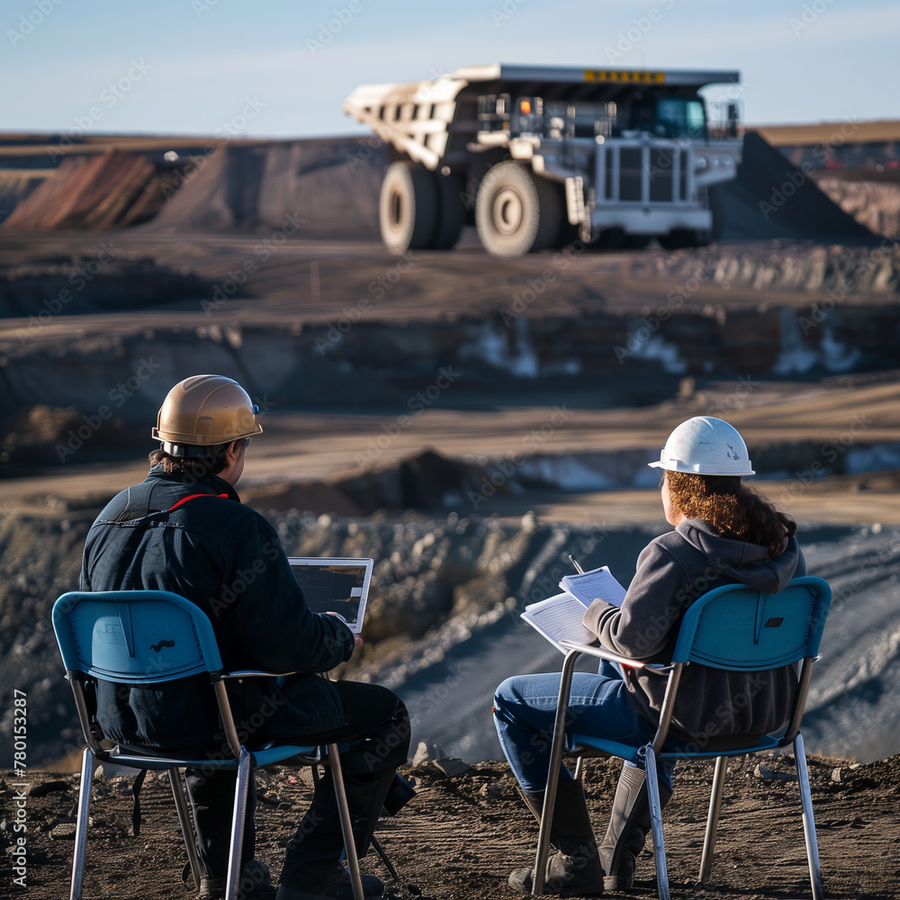 two men sit in chairs looking at a laptop in front of a large truck mining