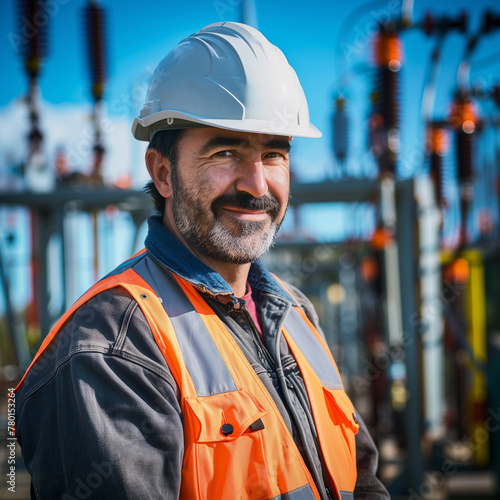 a spanish electrician in safety vest and helmet standing in front of a substation installation station
