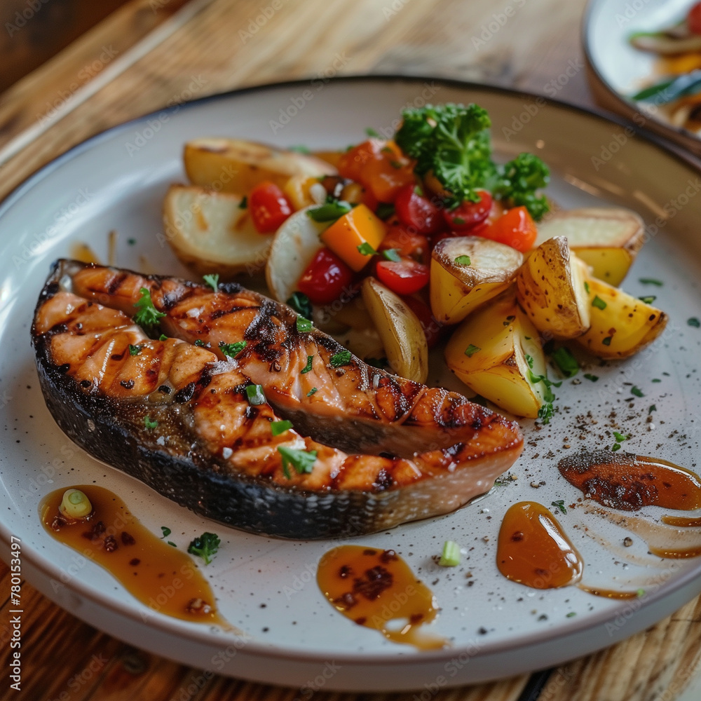 A succulent salmon steak, crispy from frying, sits atop a rustic wooden table, accompanied by tender potatoes and a colorful array of fresh vegetables A succulent salmon steak, crispy from frying, sits atop a rustic wooden table, accompanied by tender potatoes and a colorful array of fresh vegetables
