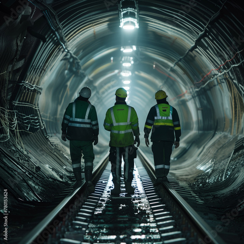 three male workers inspection weld underground of equipment tunnel  photo