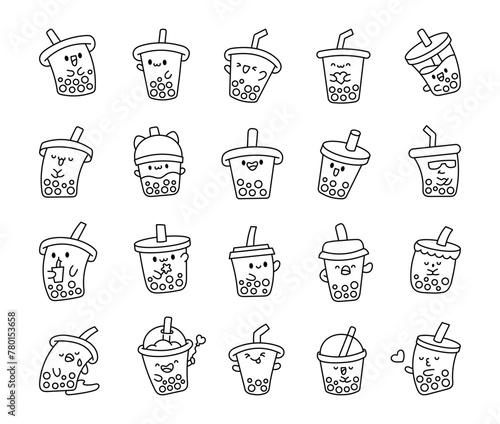 Cute kawaii bubble tea. Coloring Page. Milk cocktail with tapioca pearls. Boba drink cartoon characters. Hand drawn style. Vector drawing. Collection of design elements.