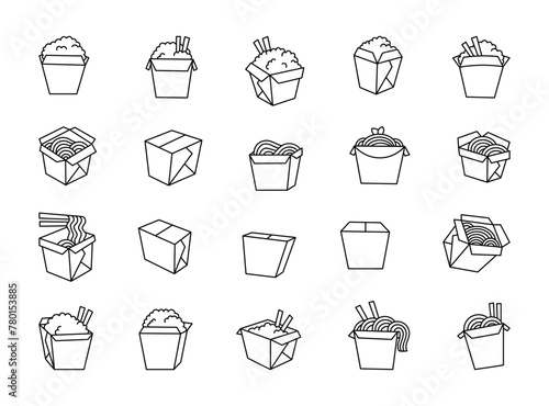 Wok box with Asian food. Coloring Page. Noodle and rice. Hand drawn style. Vector drawing. Collection of design elements.