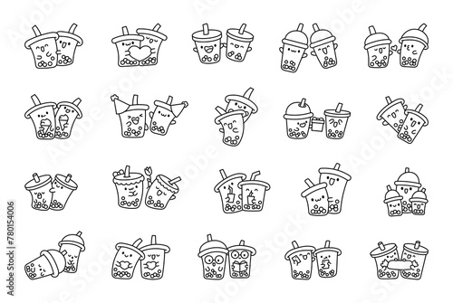 Funny couple bubble tea cartoon characters. Coloring Page. Cute drink friends. Hand drawn style. Vector drawing. Collection of design elements.