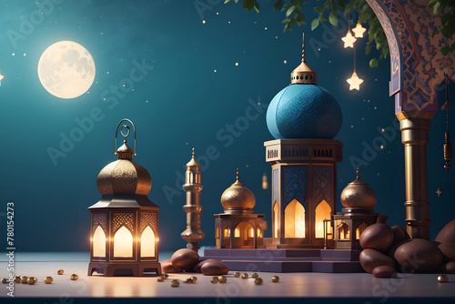 Ramadan Kareem background design. Vector illustration with mosque and moon, place for text greeting card and banner, lantern Islamic, Eid Mubarak. Holiday festival, banner