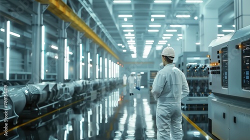 Young professional in white working in modern industrial factory, maintaining equipment