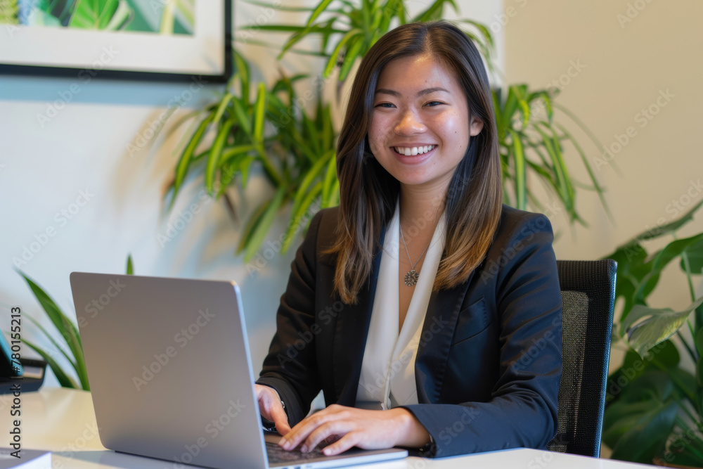 Young Asian businesswoman working on laptop in her office, the woman using her computer for work or study at her desk with a window and plant background. Young Asian businesswoman working on laptop in her office, the woman using her computer for work or study at her desk with a window and plant background.
