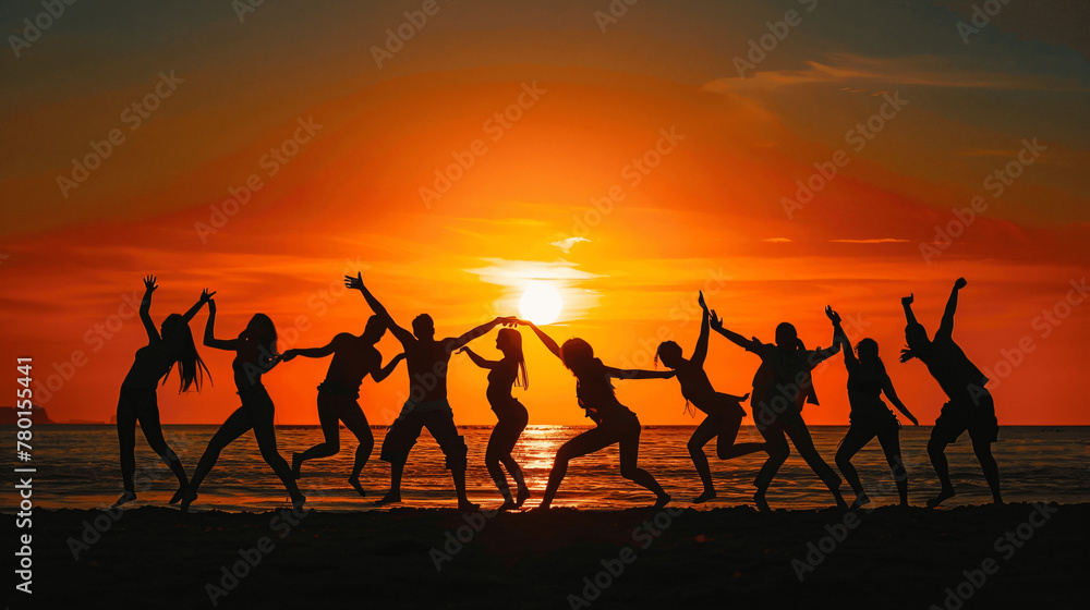 Fototapeta premium This image captures a group of people silhouetted against a vibrant sunset at the beach. They are in various poses of dance and celebration, with their arms raised, seemingly in mid-motion, which conv