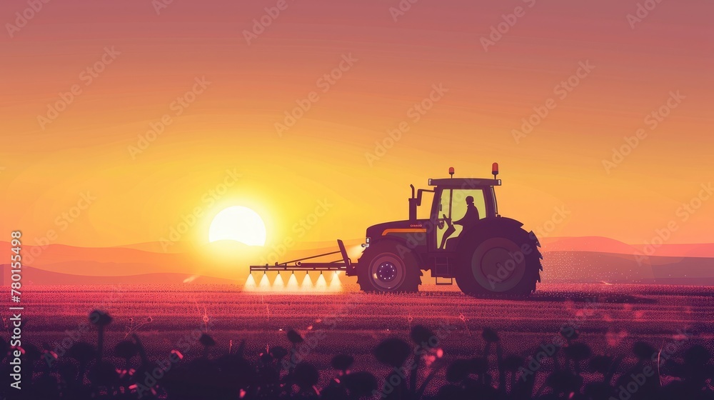 Obraz premium Irrigation tractor driving, spraying or harvesting agricultural crops at sunset with information infographic as banner design for agriculture industry.