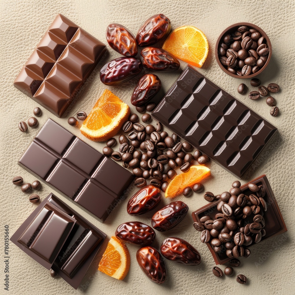 knolling, dates, chocolate blocks, coffee beans, orange peel, cream color leather background, shot from above, illustration made with Generative Ai knolling, dates, chocolate blocks, coffee beans, orange peel, cream color leather background, shot from above, illustration made with Generative Ai