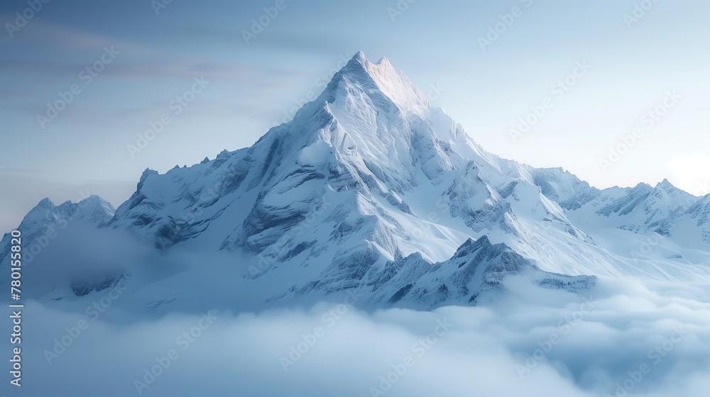 Snow covered mountains in winter, Majestic mountain peak shrouded in morning fog - obrazy, fototapety, plakaty 