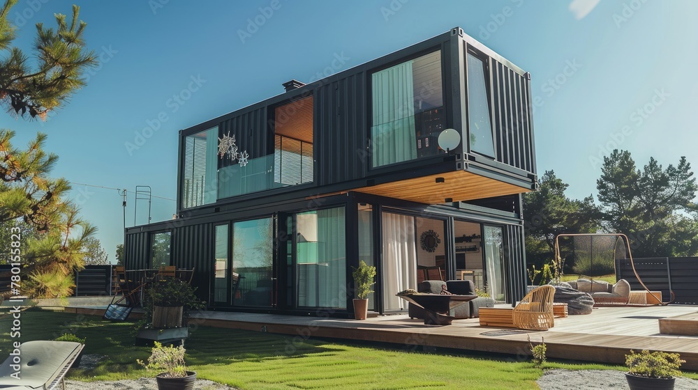Modern shipping container house, small house on sunny day Shipping container homes are sustainable housing.