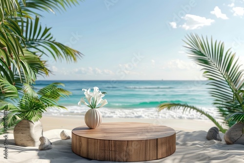 Summer product display on wooden podium at sea tropical beach - generative ai © Nia™