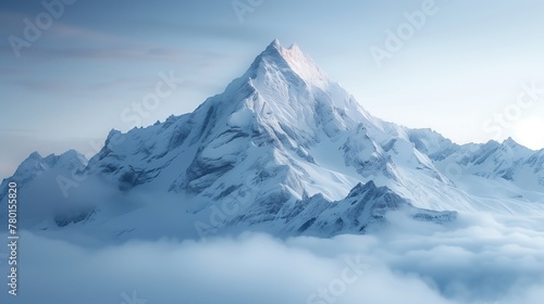 Snow covered mountains in winter  Majestic mountain peak shrouded in morning fog