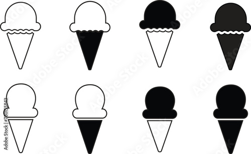 Ice cream black silhouette icons set on white. Balls in waffle cone, soft serve sundae in glass, popsicle on stick. Vector and png elements for minimal summer design, sweet snack illustration or logo