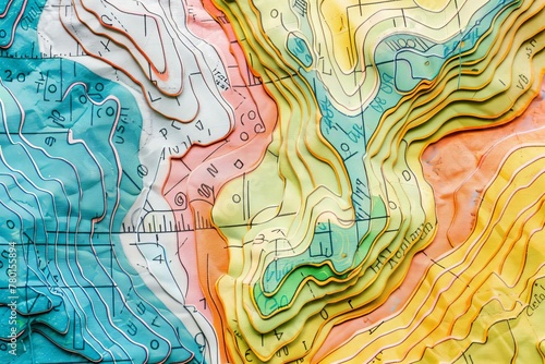 Colorful topographic map texture with contour lines, trails and grid - Cartography and geographic relief illustration for hiking or navigation concept photo