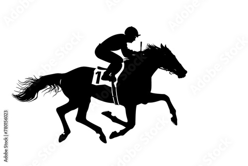 A black silhouette of a horse with a jockey.