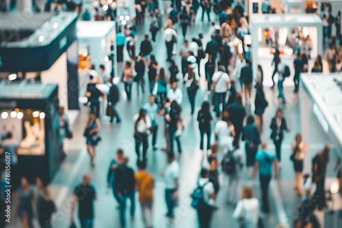  Busy trade fair with a sea of booths and blurred business people - Crowded exhibition hall or convention center background for events and networking photo