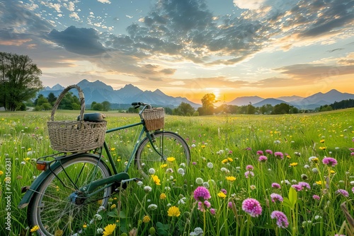Colorful wildflowers in a green meadow with a bicycle and wicker basket - Beautiful spring landscape with mountains in the background at sunset photo