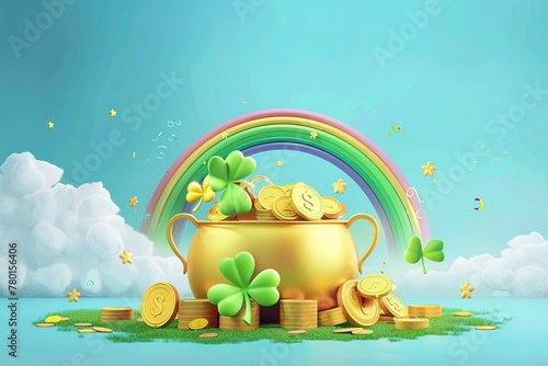 St. Patrick's Day banner with a pot of gold coins, shamrock clover leaves and a rainbow - Lucky and festive Irish holiday illustration