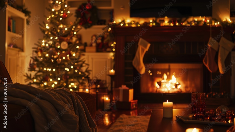 Cozy Christmas Living Room with Fireplace and Festive Decorations