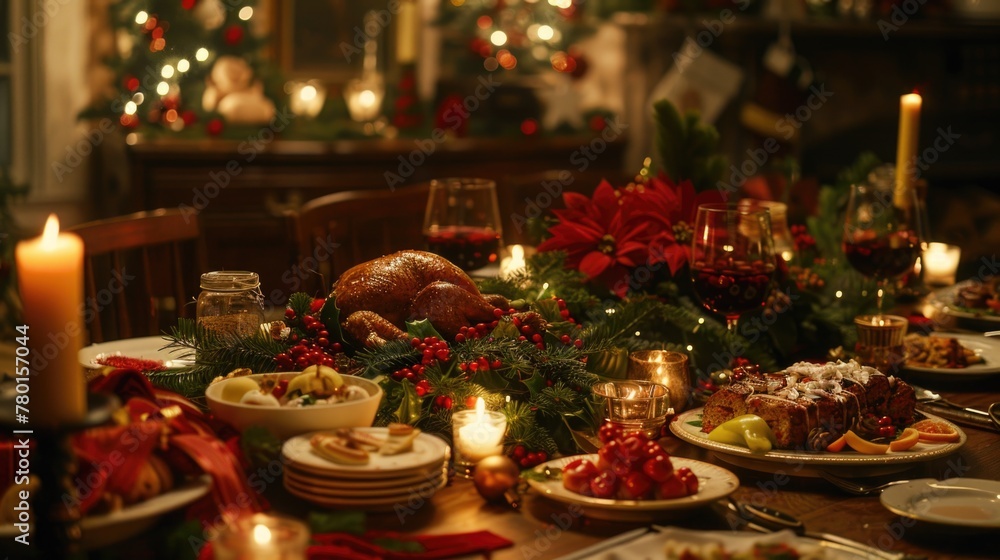 Festive Holiday Dinner Table with Roasted Turkey and Decorations